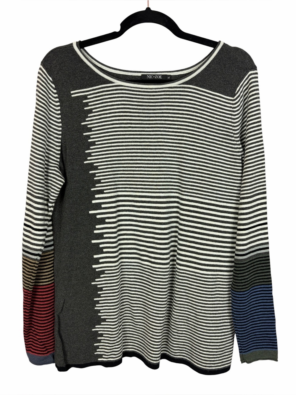 NIC+ZOE Striped Knit Sweater Gray White Colorblock Pullover Size XL